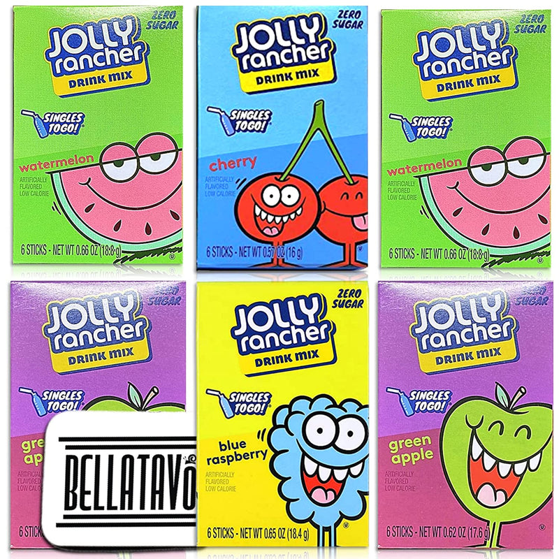 Singles To Go Variety Pack Bundle. Includes Six Boxes of Jolly Rancher Singles To Go Drink Mix Plus a BELLATAVO Ref Magnet. Each Contains 6 Water Flavoring Packets. Total of 36 Sugar Free Drink Mix