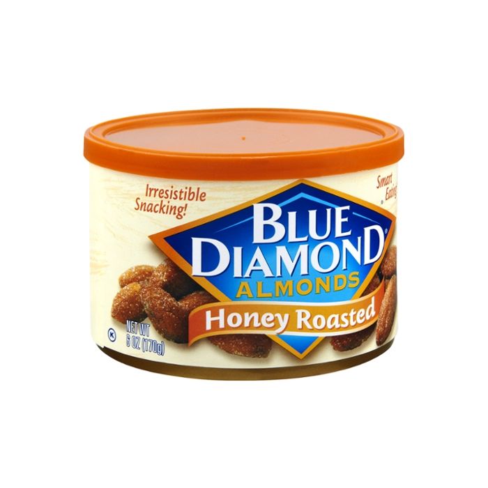 Side Label Photo of Blue Diamond Honey Roasted Almonds in Tin Can