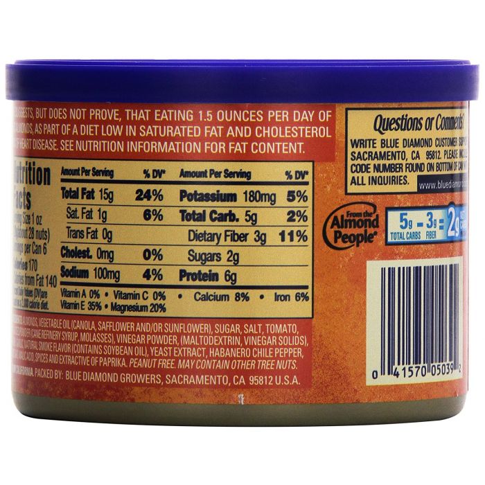 Nutritional Label Photo of Blue Diamond Bold Habanero BBQ Almonds in Tin