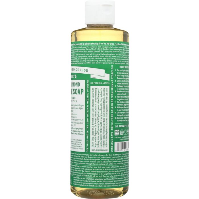 Side photo of Dr. Bronner Peppermint Almond Pure Castile Liquid Soap