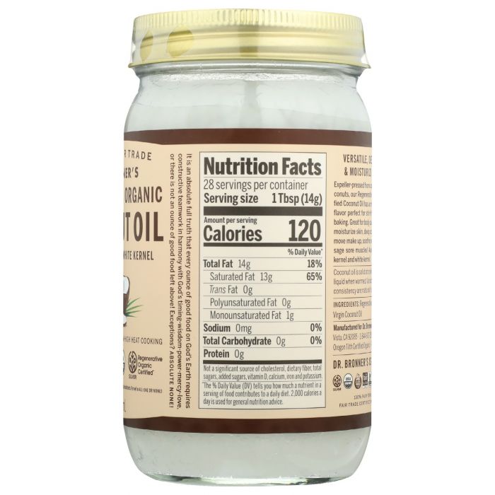 Nutritions label photo of Regenerative Organic Coconut Oil White Kernel