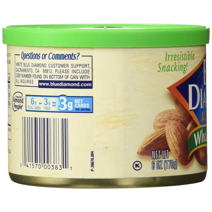 Side Label Photo of Blue Diamond Whole Natural Almonds in Tin
