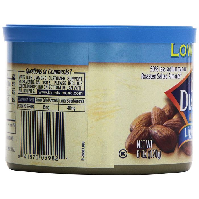 Side Label Photo of Blue DiamondLightly Salted Almonds in Tin