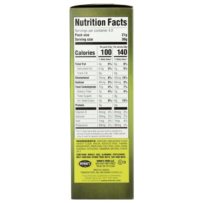 Nutritional Label  Photo of Nonni's Pistachio Almond Thin Cookies