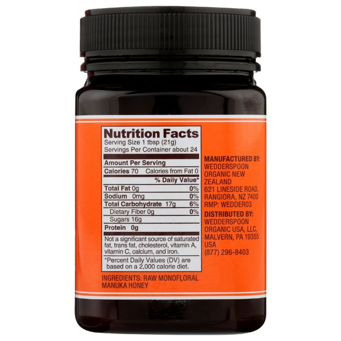 Nutrition label photo of Wedderspoon Raw Honey Manuka K Factor 16