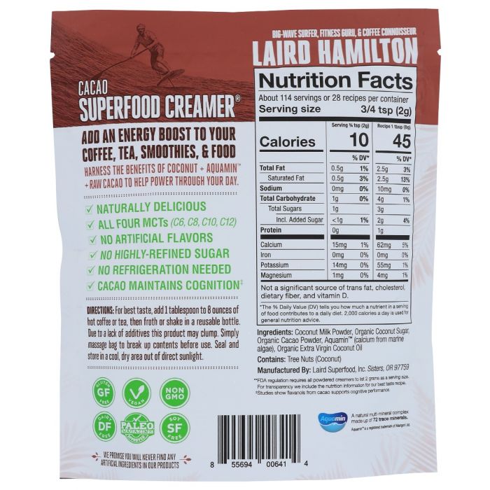 Back Packaging Photo of Laird Cacao Superfood Creamer
