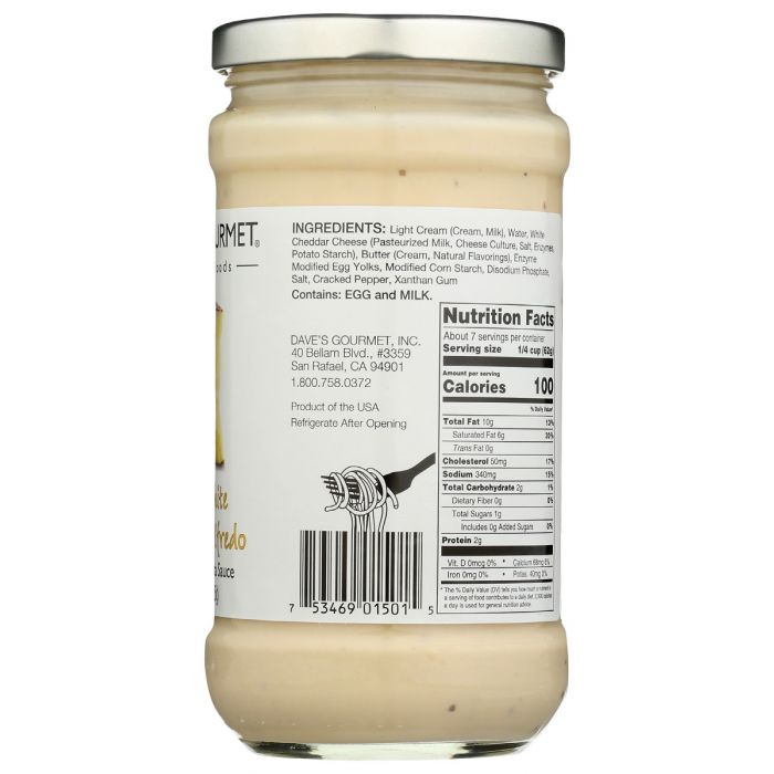 Nutrition Label Photo of Dave's Gourmet Aged White Cheddar Alfredo Pasta Sauce Pasta Sauce