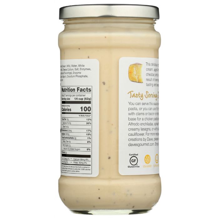 Back of the Bottle Photo of Dave's Gourmet Aged White Cheddar Alfredo Pasta Sauce Pasta Sauce