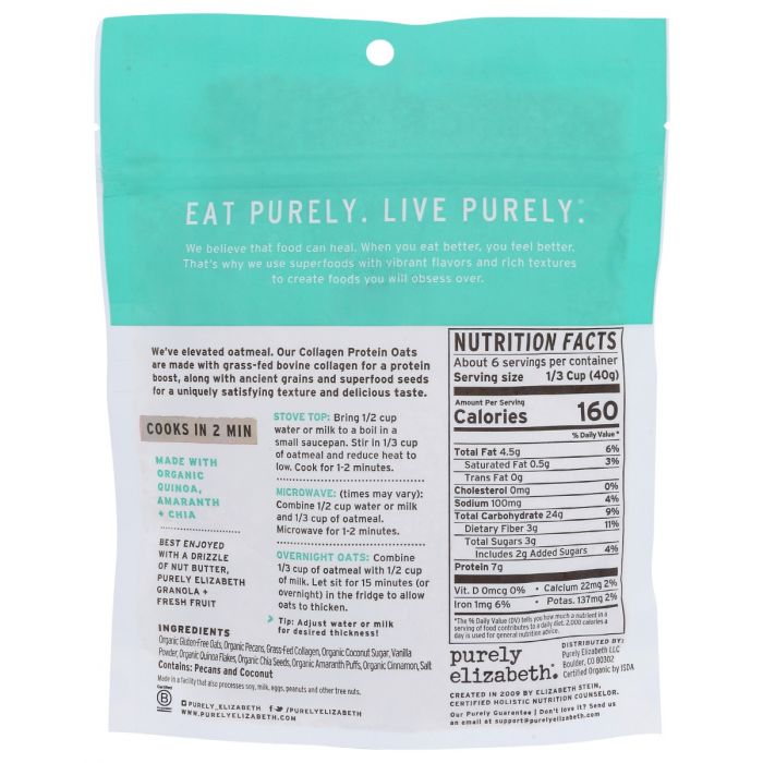 Nutritional Label Photo of Purely Elizabeth Vanilla Pecan Collagen Protein Oats