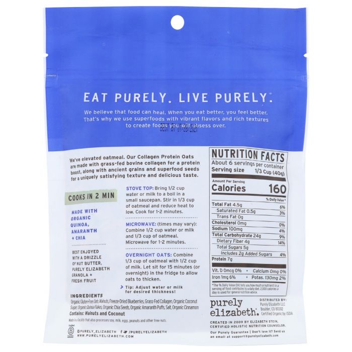 Nutritional Label Photo of Purely Elizabeth Bluberry Walnut Collagen Protein Oats