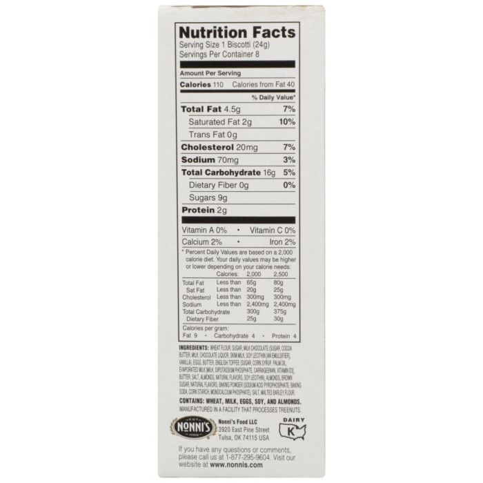 Nutritional Label  Photo of Nonni's Toffee Almond Biscotti