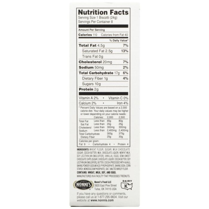 Nutritional Label  Photo of Nonni's Triple Chocolate Biscotti