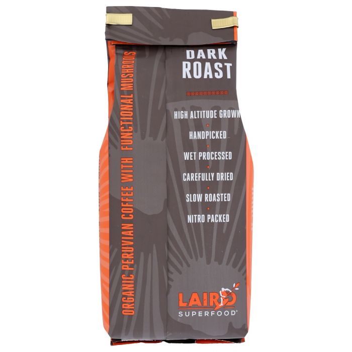 Back Packaging Photo of Laird Dark Roast Organic Peruvian Coffee with Functional Mushrooms
