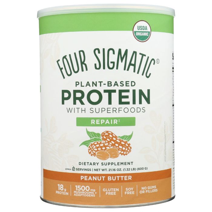 A Product Photo of Four Sigmatic Peanut Butter Plant Based Protein Powder in Cannister