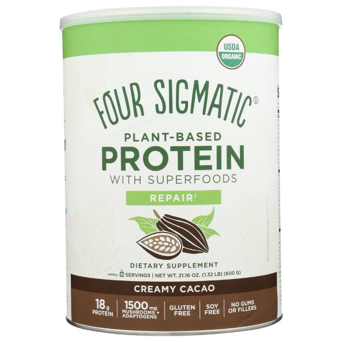 A Product Photo of Four Sigmatic Cacao Plant Based Protein Powder in Cannister