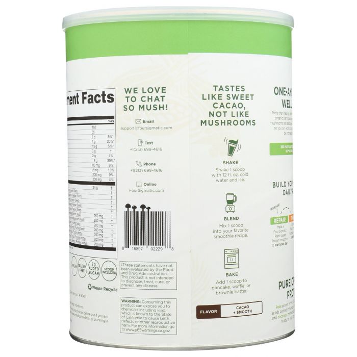 Side Label of Four Sigmatic Cacao Plant Based Protein Powder in Cannister