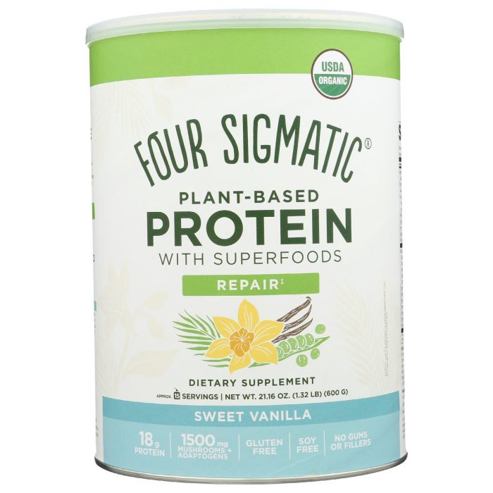 A Product Photo of Four Sigmatic Sweet Vanilla Plant Based Protein Powder in Cannister