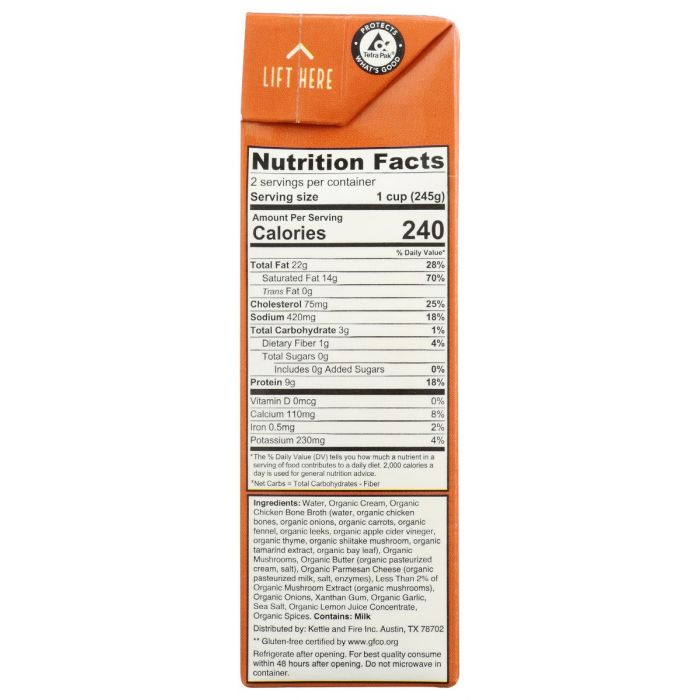 Nutrition Label Photo of Kettle and Fire Mushroom Bisque Bone Broth Soup