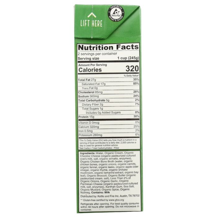 Nutrition Label Photo of Kettle and Fire Brocolli CheddarBone Broth Soup