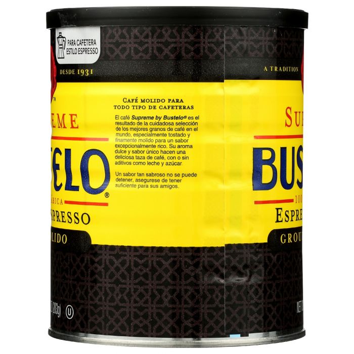 Back Packaging Photo of Cafe Bustelo Supreme Espresso Ground Coffee in Can