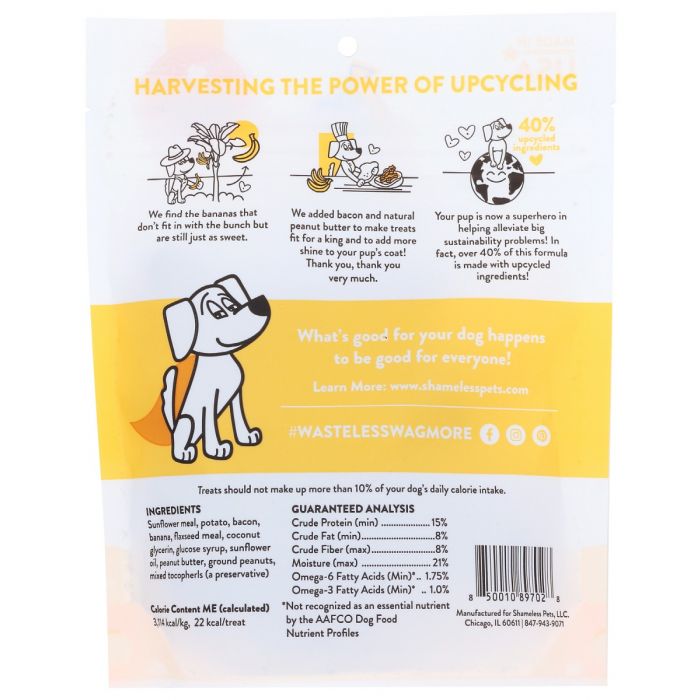 Back Packaging Photo of Shamelss Pets Bananas for Bacon Soft Baked Dog Treats