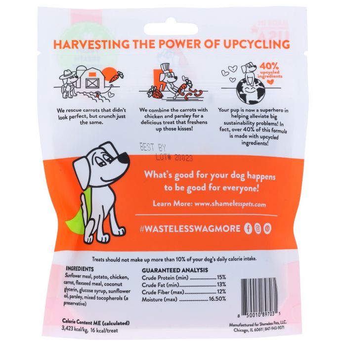 Back of the Packaging Photo of Shameless Pets Clucken Carrots Flavor Soft Baked Dog Treats