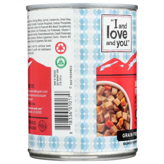 Side photo of I&LOVE&YOU Dog Food Can Beef Booyah Stew