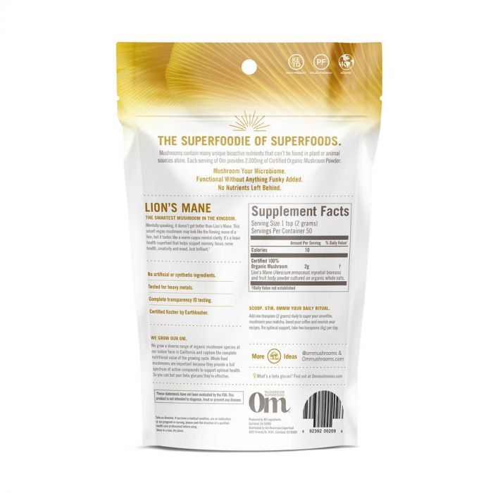 Back Packaging Photo of OM Mushroom Lion's Mane Mushroom Powder