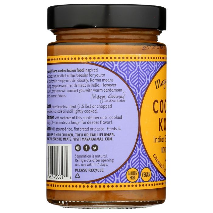 Side Label  Photo of Maya Kaimal Coconut Korma Mild Indian Simmer Sauce
