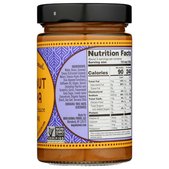 Nutrition Label Photo of Maya Kaimal Coconut Korma Mild Indian Simmer Sauce