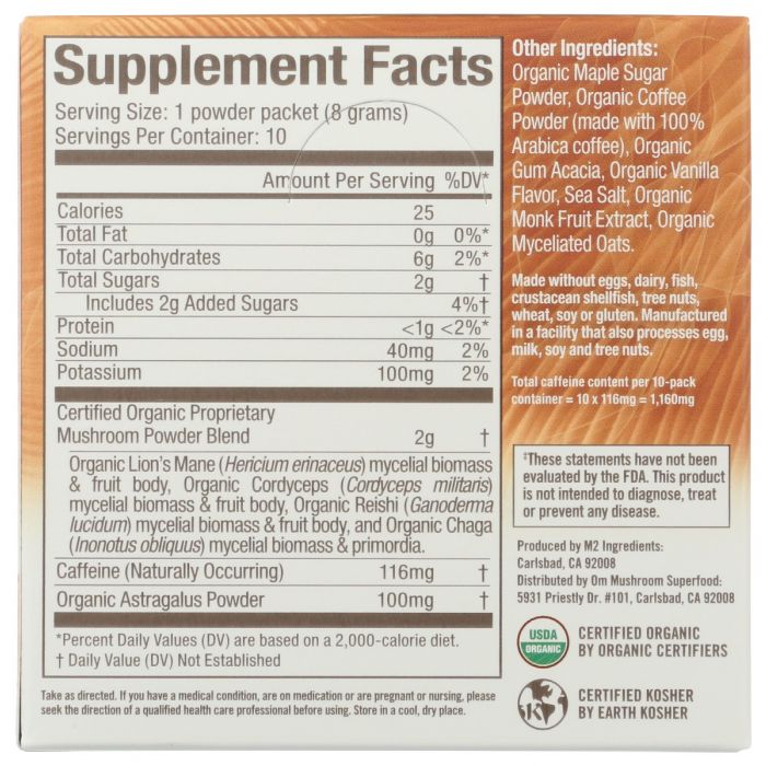 Supplement Facts Label Photo of OM Mushroom Coffee Latte Blend